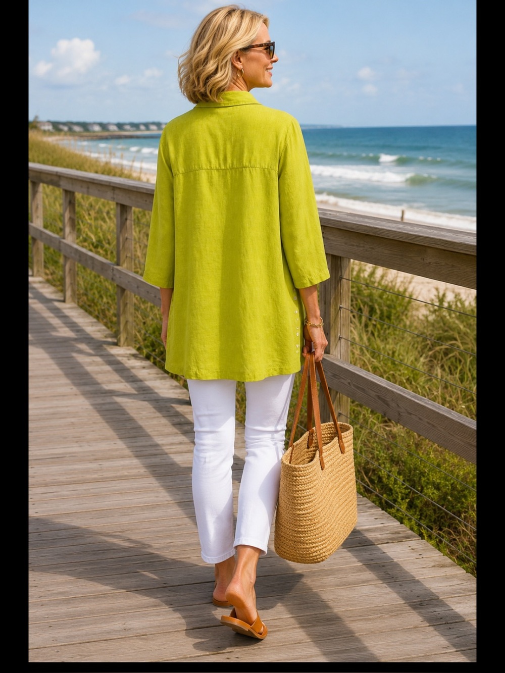 Tahari 100% Linen Lime Green Tunic Blouse 1X Mother-of-Pearl Side Slit Buttons - Picture 6 of 16